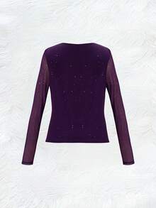 女士紫色网纱V领上衣，交叉褶裥设计长袖T恤，柔软修身，舒适打底衫，女士上衣，女士T恤，女士休闲服装 - 紫色 - 查看 2