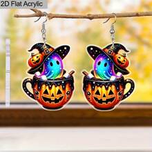 2D Flat - 1 Pair Gothic Y2K Style Earrings - Halloween Pumpkin Cup With Colorful Ghost Design, 304 Stainless Steel Mount, Suitable Daily Wear Or Giving, Halloween Jewelry