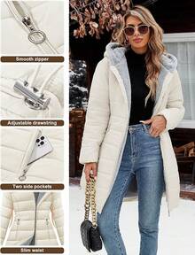 Chaqueta de plumas larga y ajustada para mujer, resistente al viento e invierno, con forro de piel para el esquí y el transporte - Beis - Ver 4