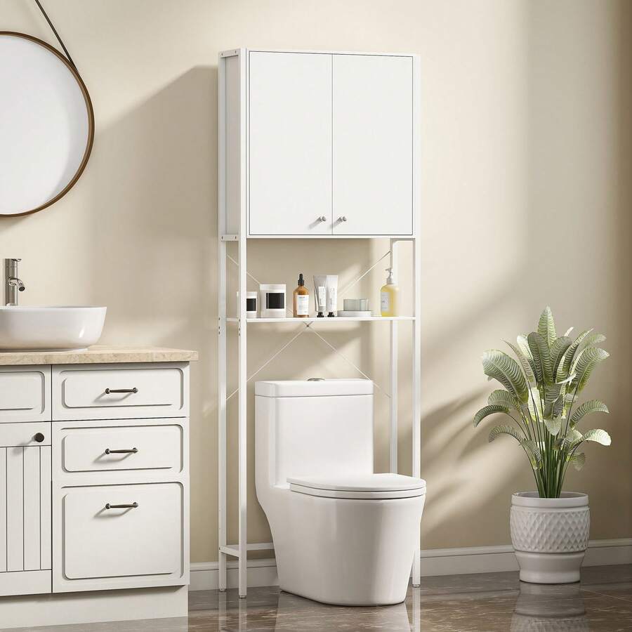 Tủ phòng tắm HOMCOM phía trên bồn cầu có tủ và kệ mở, tủ máy giặt tiết kiệm không gian có chân kim loại, dành cho phòng tắm và phòng giặt, 64x20x180 cm, màu trắng - trắng - Xem 1