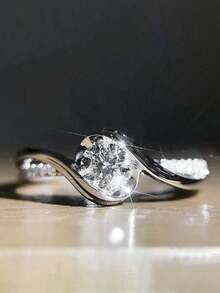 礼盒套装简约优雅方晶锆石戒指，铜镀白金仿钻戒指适合女性订婚、结婚、节日礼物 - 銀色-優雅閃鑽 - 查看 13