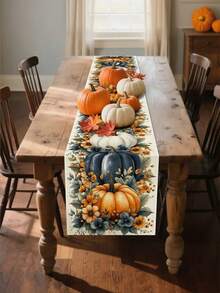 1pc Line Autumn Table Runner - Vibrant Fall Design With Orange, Blue, And White Pumpkins, Daisies, And Leaves - Perfect For Thanksgiving Kitchen Or Dining Room Decor 13x35.4/47.2/63/72/78.7 Inches