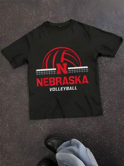 Nebraska Volleyball Graphic T-Shirt - Officially Licensed, Women's Casual Crew Neck, Short Sleeve, 100% Cotton, White With Red & Black Design, Perfect For Fans & Players