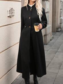 Women's Elegant Casual Daily Waist-Cinched Stand Collar A-Line Solid Color Long Sleeve Overcoat, Solid Color Front Button Formal Evening Wear - Black - View 5