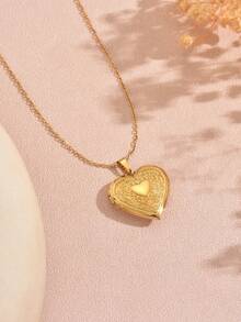 1 件经典浪漫心形纹理不锈钢照片盒项链，适合女性约会或日常佩戴，或作为节日礼物送给爱人 - 金黃色 - 查看 4