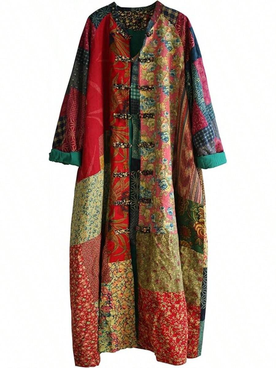 LUZU JUNU Women's Trench Coat Floral Print Long Cotton Linen Jacke Cottagecore Clothing Patchwork Outwear Bohemian Unique - 黃色 - 查看 1