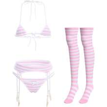 ABAFIP Women Cute Kawaii Anime Lingerie Set Halter Strap Micro Bra Tiny Panty Garter Belt Striped Stockings 4Pcs Underwear - Hồng - Xem 1
