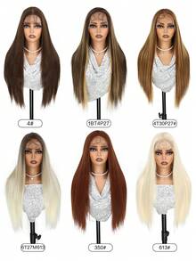 Free Part 13*6 Lace Front Wigs 28 Inches Black Brown Blonde Dark BrownStraight Hair With Natural Curls At The End Hair Glueless Lace Wigs Silky Synthetic Long Silk Straight Natural Wig Heat Resistant Fiber Wig With Baby Hair For Women,Pre-Plucked With Adjustable Straps For Daily Wear Christmas Halloween - Multicolor - View 4