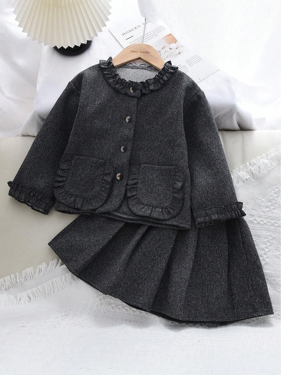 2pcs Girls Winter Outfit, Gray Tweed Long Sleeve Single-Breasted Pocket Jacket And Pleated Skirt Set - Grey - View 1