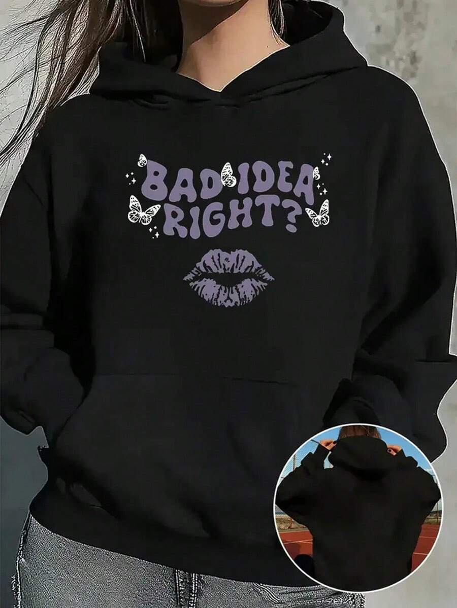 Pocket Hoodie With Lip Geometry Pattern, Simple Fashion Casual Long Sleeve Sweatshirt For Women, Perfect Holiday Gift Choice For Autumn And Winter,Fall Hoodies,Men's Fall Clothes,Street Wear,Halloween,Mens Hoodies,Y2k Clothes,Jesus Hoodie,Thanksgiving Day,Nightmare Before Christmas,Christmas - 黑色 - 查看 1