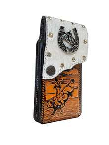Funda para celular cuero tipo vaqueta modelo jinete de rodeo color negro medidas grandes 17.5 x 8.5 cm funda clásica resistente para múltiples celulares regalo western country - Negro - Ver 4