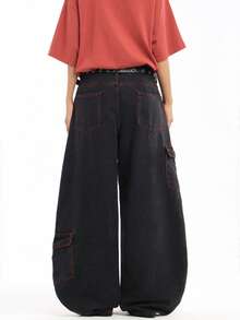 1 chiếc quần jeans denim rách phong cách đường phố Mỹ cổ điển của Justice Brother, quần ống rộng thoải mái, nhiều túi, phù hợp cho mọi mùa - màu đen - Xem 7