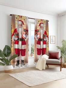 2 pièces Rideaux imprimés avec Père Noël et boîte-cadeau, rideaux décoratifs minimalistes à demi-transparents, rideaux en polyester légers offrant de l'intimité, convenant pour la décoration de Noël dans la chambre, le salon, le bureau, le bureau d'étude, la décoration d'intérieur