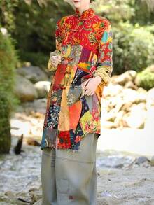 LUZU JUNU Women's Trench Coat Floral Print Long Cotton Linen Jacke Cottagecore Clothing Patchwork Outwear Bohemian Unique - 黃夾克 - 查看 8
