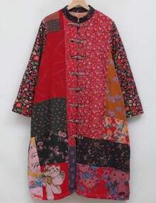LUZU JUNU Women's Trench Coat Floral Print Long Cotton Linen Jacke Cottagecore Clothing Patchwork Outwear Bohemian Unique - 玫瑰暖絎縫 - 查看 6