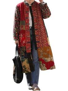LUZU JUNU Women's Trench Coat Floral Print Long Cotton Linen Jacke Cottagecore Clothing Patchwork Outwear Bohemian Unique - 黃色暖色絎縫 - 查看 1