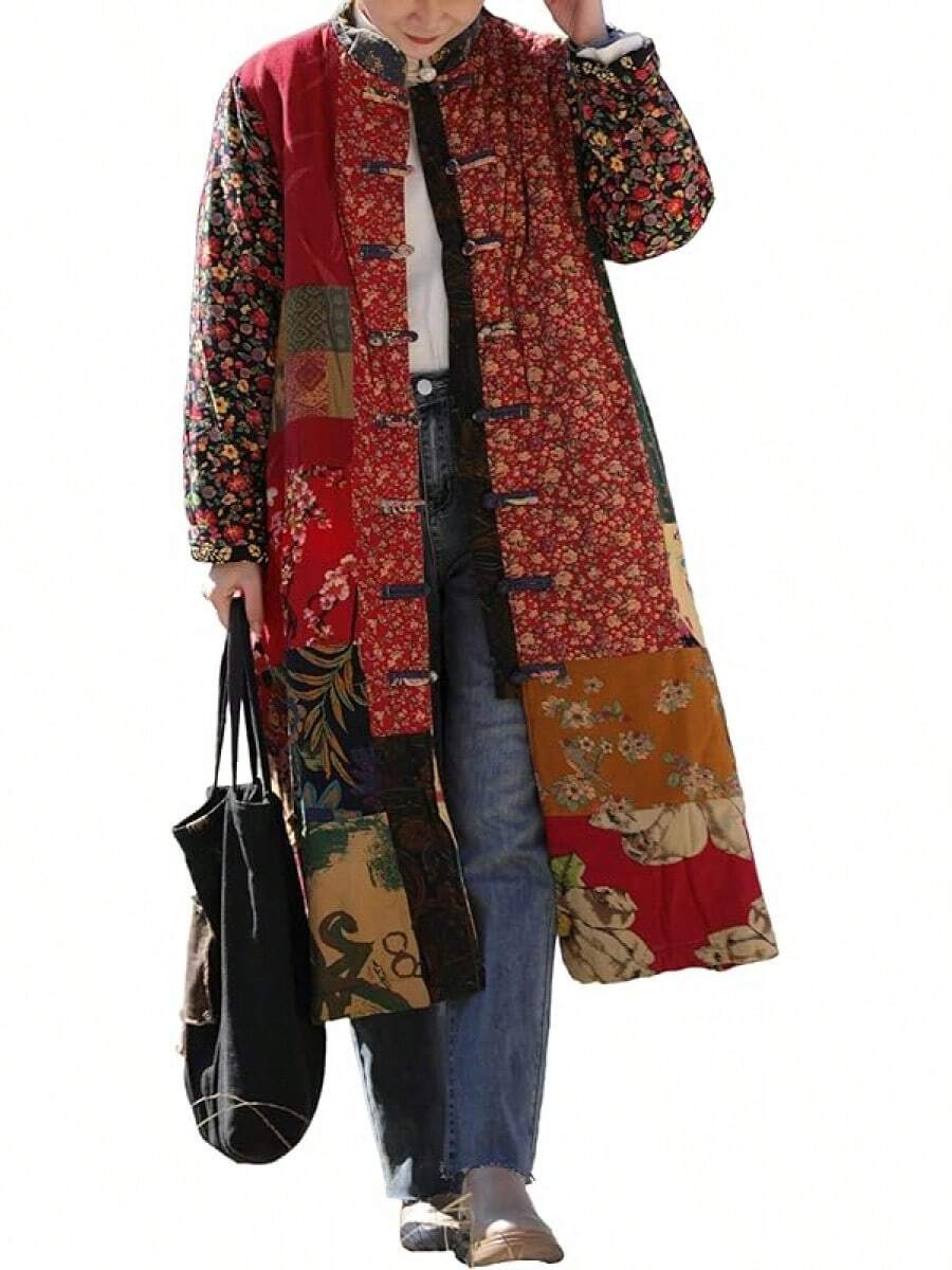 LUZU JUNU Women's Trench Coat Floral Print Long Cotton Linen Jacke Cottagecore Clothing Patchwork Outwear Bohemian Unique - 黃色暖色絎縫 - 查看 1