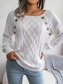 Ladies' Casual Street Style Button Detail Knit Top, Plus Size Long Sleeve Sweater For Spring-Summer Transition & American Holidays    Vacation Outfits Women / Summer Outfits For Women / Summer Tops / Summer / Summer Clothes / Beach Outfits For Woman / Tops For Women / Festival Outfits For Women / Maija - 白色 - 查看 3