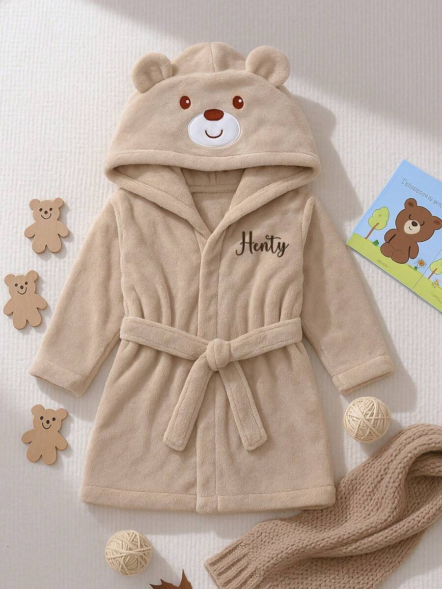 Personalized Embroidered Baby Animal Hooded Towel | Soft Plush Toddler Bathrobe Suitable For 12-24 Months, Newborn Photography Prop, Absorbent After Bath, Birthday Gift - Khaki Bear - View 1