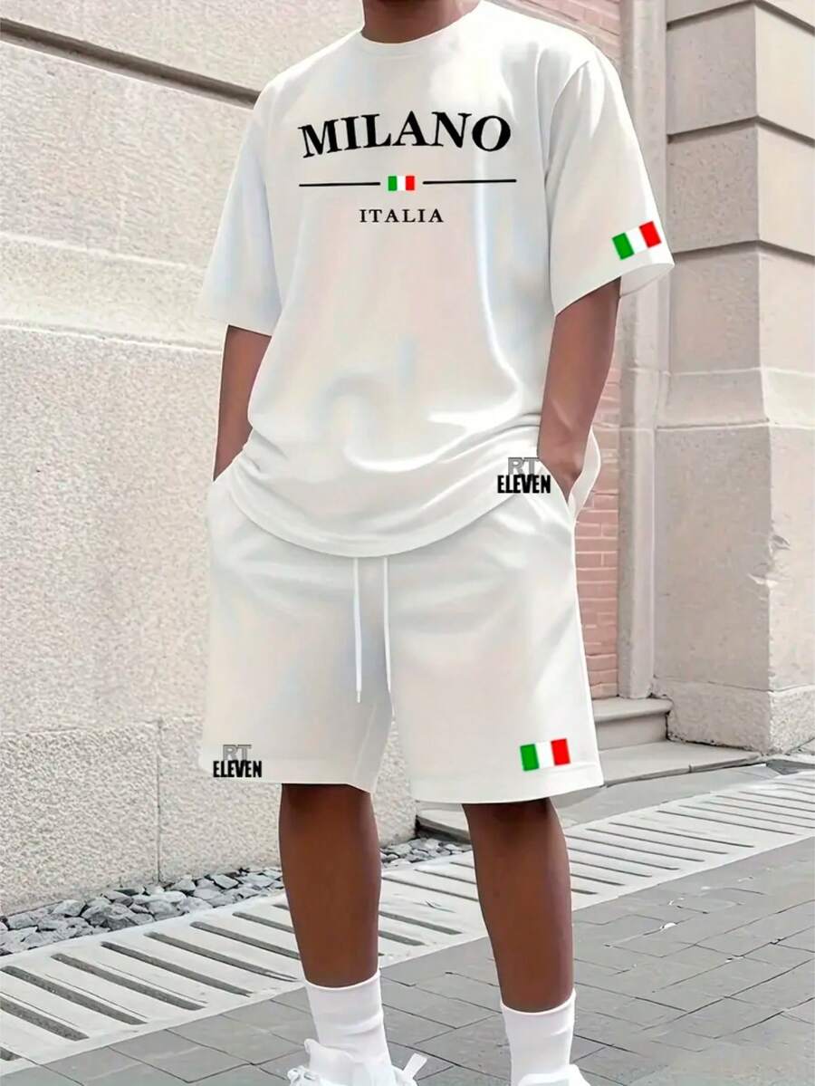 T-Shirt + Shorts Set Printed Sweatshirt Milano Italy Street 100% Cotton Mesh T-Shirt Premium Line Sweatpants With Pocket - Áo phông trắng Quần short Bermuda trắng - Xem 1