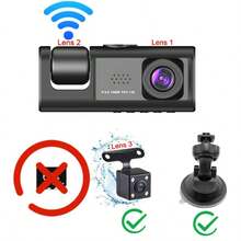 High-Definition 1080P Three-Lens Dashboard Camera, Optional 32G Memory Card, WIFI Wireless Connection, WDR Technology, Automatically Deletes Old Recordings When The Recording Memory Is Full, G Gravity Sensor Automatically Locks Video Upon Collision