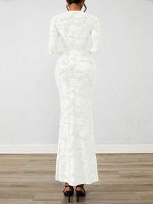 Women Elegant Floral Lace Long Sleeve Bodycon Maxi Dress Spring Fall Autumn Prom Wedding Guest Outfits - 白色 - 查看 2