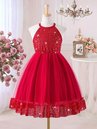 Vestito elegante da ragazza per l'estate, con colore solido, in in rete con paillettes