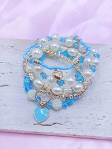 5pcs/Set Pearl & Crystal Beaded Bracelet, Fashion Multilayer Bracelets Set For Women