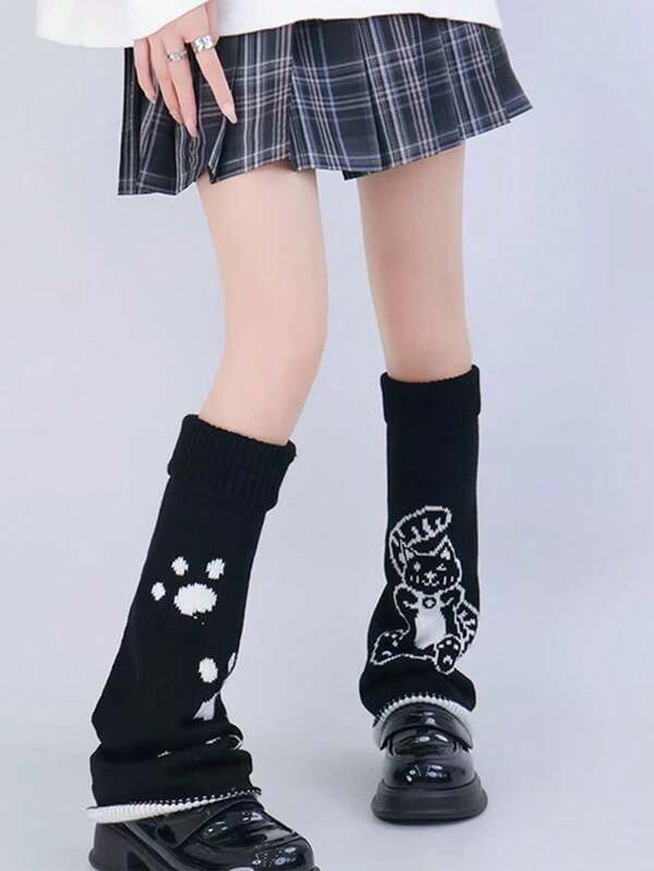 1 Pair Women's Knitted Wide Leg Warmers, Reversible Design, Cat Paw Print Pattern, Streetwear Y2K Goth Style, Cosplay Halloween Decor Leg Warmers, Suitable For Spring, Autumn, Winter Daily Wear