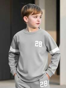 2pcs/Set Tween Boy Spring/Autumn Printed Sweatshirt And Pants Casual Outfit - Grey - View 3