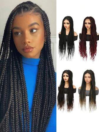Peluca de encaje completo de 30 pulgadas con trenzas sin nudos, cabello sintético trenzado de moda para mujer con cabello de bebé trenzado para peluca tejida, negro, degradado negro a marrón, multicolor para uso diario, fiesta, festival de música y Halloween