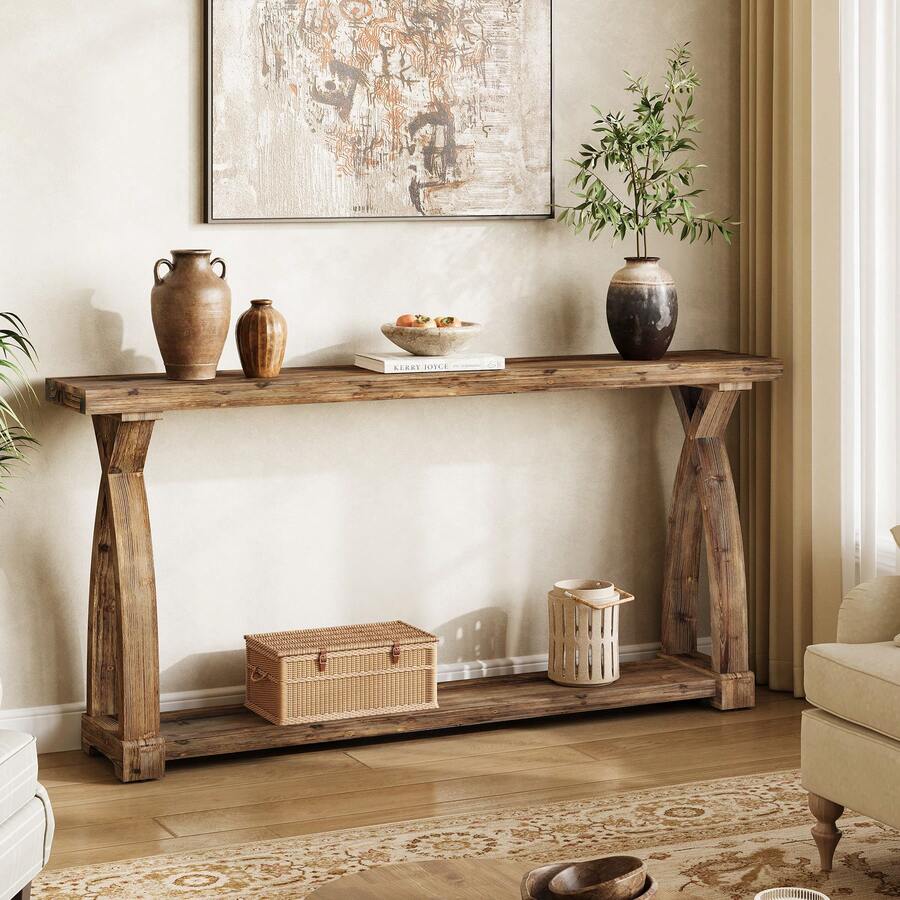 LITTLE TREE Console Table Sofa Table For Entryway, 63-Inch Long Solid Wood Farmhouse Couch Table Behind Sofa With 2-Tier Storage Shelf For Living Room, Foyer, Hallway - 棕色 - 查看 1