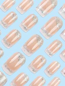 24Pcs Short Square Stylish French Shiny Finish False Nail Art Tips Set, Applicable For Women & Girls Press On Nails Nail Supplies Nails - Pink - View 3