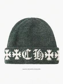 1pc Vintage Knit Hat, Unisex Warm Double-Layer Knitted Cap, Thick Large Circumference Beanie, Brand, Suitable For Autumn/Winter - Multicolor - View 9