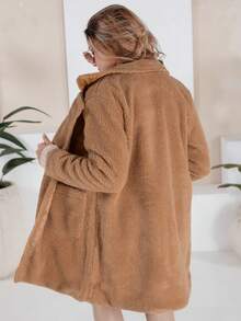 Women's Faux Fur Winter Coat With A Classic Collar And Practical Pockets. Elegant Oversized Teddy Bear Coat That Hits Mid-Thigh. Stylish Coat For Cold Weather. Soft Outer Shell With Polyester Lining. - Camel - View 4