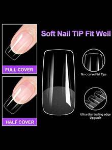 100 piezas de uñas acrílicas falsas en forma de almendra y ataúd, cortas y cuadradas, extensión de uñas artificiales con puntas de gel suave, accesorios y herramientas - transparente - Ver 6