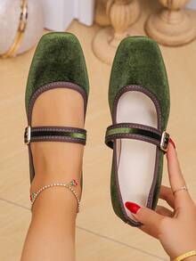 35-43码大码时尚方头平底鞋,低鞋面,适合办公室通勤和日常穿着,军绿色天鹅绒搭扣,可搭配裙装,春秋季芭蕾平底鞋 - 軍綠色金絲絨 - 查看 2