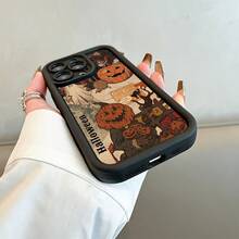 Vintage Pumpkin Pattern Phone Case Compatible With IPhone 16 Pro Max, 15 Pro, 14 Plus, 13, 12, 11, XR, Xs Max, Shockproof , Fashionable Design, TPU Protective Cover - Black - View 5