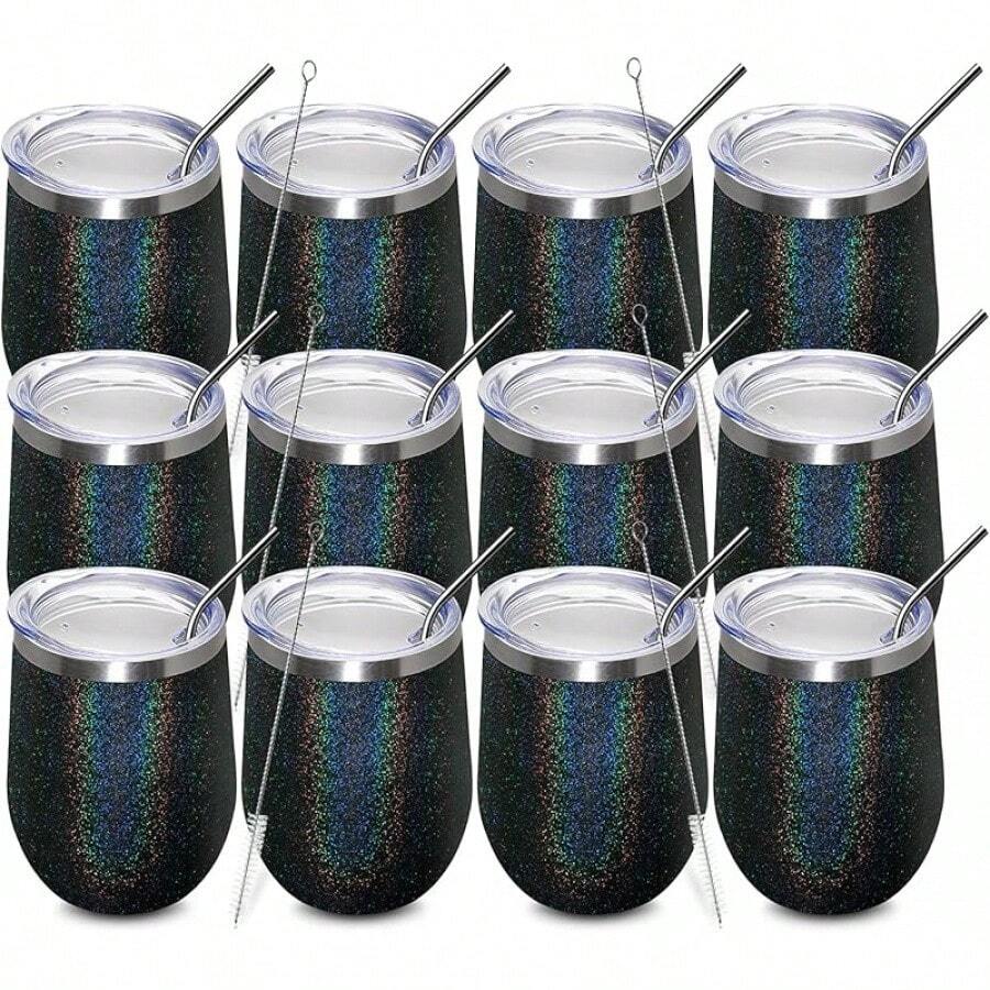 Copa de vino sin tallo MEWAY-355 ml con tapa deslizante|Acero inoxidable de doble pared al vacío|Conservación en Frío y Calor para Vino, Café, Cócteles y Bebidas|Muy adecuado para regalar - Arcoíris negro - Ver 1