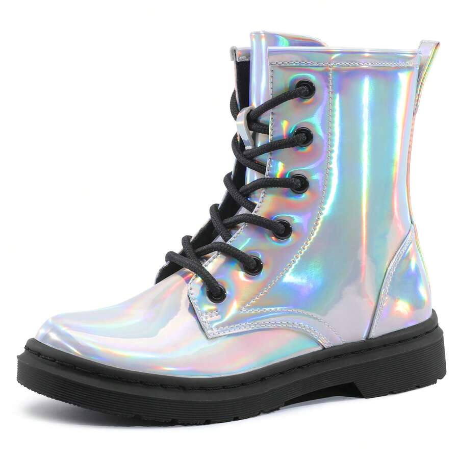 Kids Lace-Up Zip Boots, Easy On/Off Glossy PU Leather Comfort, Everyday School & Outdoor Adventures, ClassicPicks Fashion Style - 銀色 - 查看 1