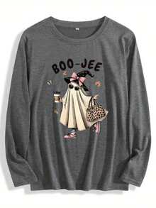 Fall Clothes For Women Cute Ghost Halloween Costume Graphic Tees, "BOO-JEE" Letter Print Casual Long-Sleeved T-Shirt Comfortable Women's Top, Suitable For Outdoor And Home Wear,Fall Outfits