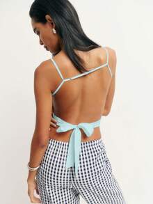 Ladies' Lace Beaded Back Strap Sexy Backless Vest, Printed Beaded Back Strap Vest - Blue - View 3