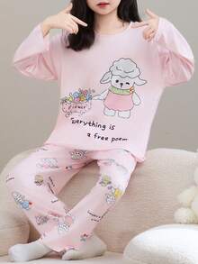 2pcs/Set Flame Retardant Girls Pink Cartoon Sheep Print Crew Neck Long Sleeve Pajama Set