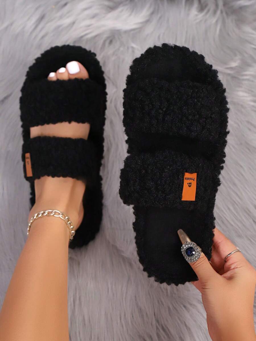 Soft, Comfortable Plush Open Toe Slippers, Minimalist Fashion Casual Style, Suitable For Living Room And Bedroom, All Season, Spring/Summer