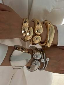 1 Pc Oversized Chunky Cuff Bracelet - Minimalist Stackable Statement Bangle Set - Geometric Dome Design Metal Bangles For Women Everyday Wear