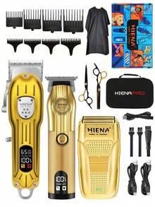 HIENA 4 件套理发套装，2 件金色专业无线理发机 - 网状剃须刀，360 度无死角鼻毛清洁器，带 LED 显示屏，USB 快速充电，多种配件，适用于沙龙、家庭和送礼 - 金色 - 查看 15