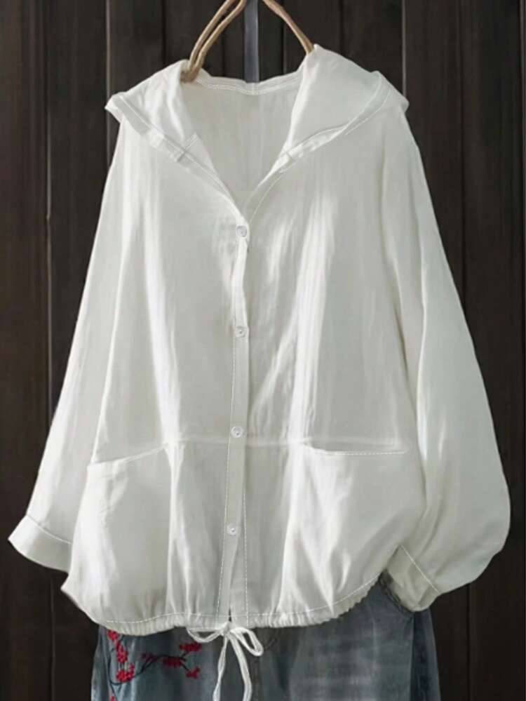 加大码纯色前扣优雅宽松衬衫，日常穿着 - 白色 - 查看 1