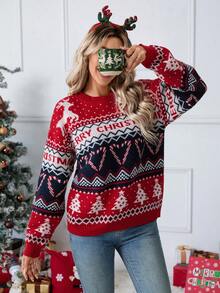 Pulover de Crăciun cu guler rotund, nou-venit, stil simplu cu model de Crăciun, mânecă lungă, potrivit pentru ieșiri casual și purtare zilnică, ideal și pentru petreceri de Crăciun, reuniuni de familie, o alegere perfectă pentru ținutele de toamnă/iarnă ale femeilor. - roșu - Vizualizare 2