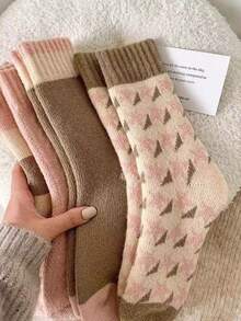 4 双女士羊毛混纺袜子，厚实保暖毛绒衬里中筒袜，可爱少女甜美粉色设计，适合秋冬季