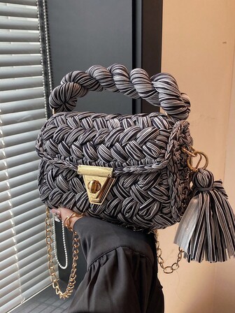 1pc Handmade Crochet Animal Stripe Shoulder Bag, Crossbody Bag, Tote Bag, Versatile Fashion Punk Retro Style Handbag With Detachable Chain Strap, Suitable As Gift